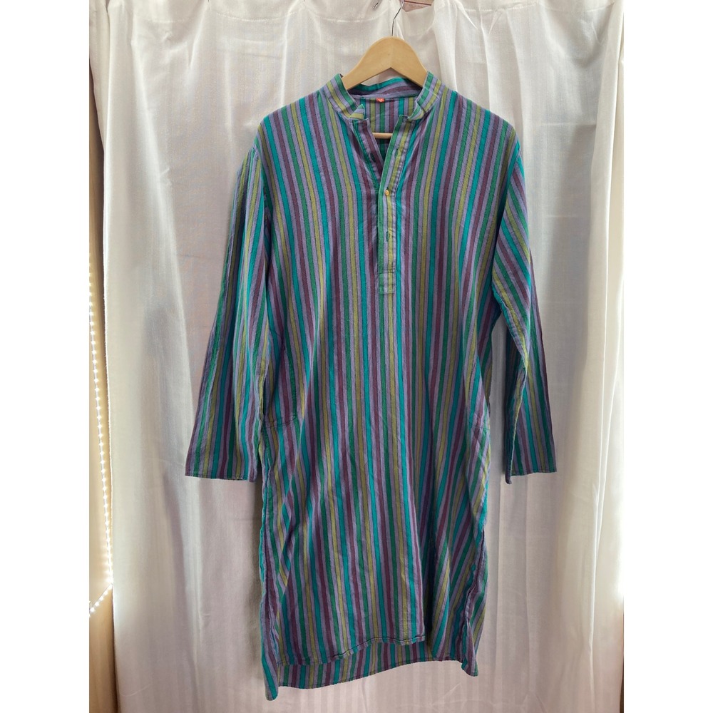 Striped Tunic Dress Grandad Style Green Purple Yellow Size‎ 40 Unique VTG